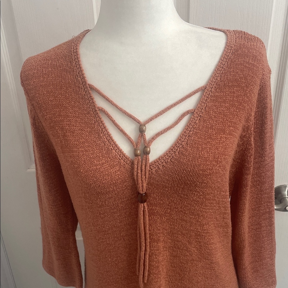 Jana V-Neck Sweater in Rust Orange 3/4 Sleeves V Neck With Beads Sz XL - Picture 2 of 13